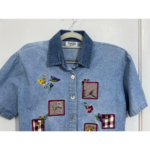 Vintage Teddi Denim Blouse Small Embroidered Hummingbirds Flowers Prairie Flaw - Picture 2 of 8